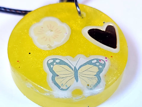 Dazzling Handmade - Yellow with Butterfly, Flower & Heart Design - Black Necklace