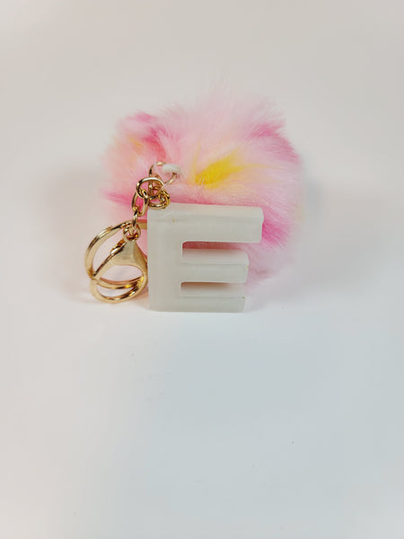 Resin Letter E Keychain - White with Multicolor pompom