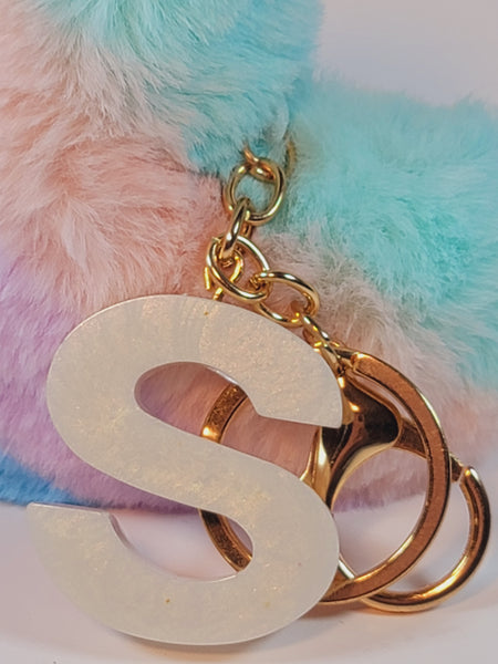 Resin Letter S Keychain - White with Multicolor pompom