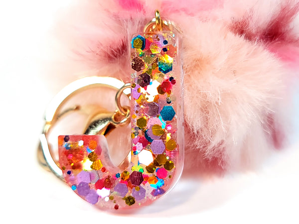 Resin Letter J Keychain - Multicolored Sparkles