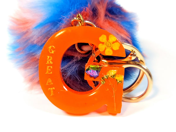 Resin Letter G Keychain - Orange with Flowers - Great