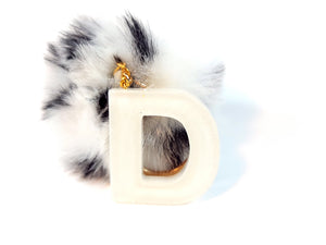 Resin Letter D Keychain - White with Black & White pompom