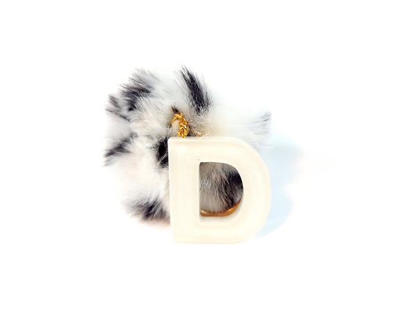 Resin Letter D Keychain - White with Black & White pompom