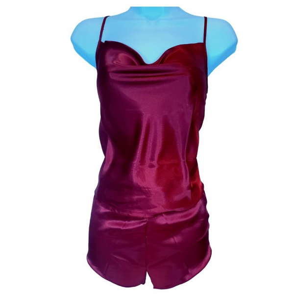 Customizable Drape Neck Cami PJ Set - Burgundy Satin