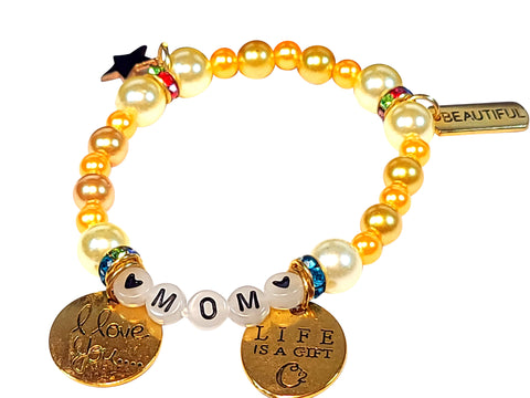 Handmade - Gold/Yellow Beaded MOM Letters_I-Love-You_Life-is-a-Gift Pendants Bracelet