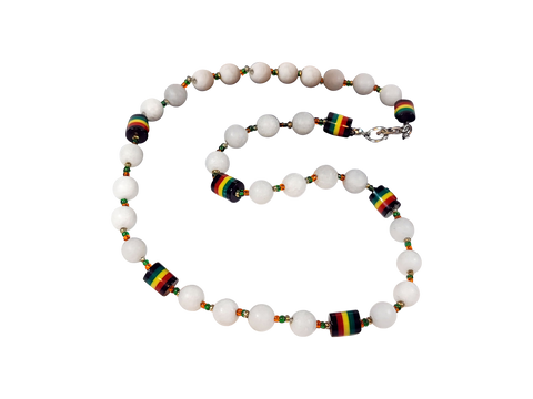 Handmade - Beaded white & Rasta Colors - Black-Green-Red-Gold - Necklace