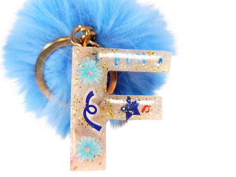 Resin Keychain - Letter F Blue and White