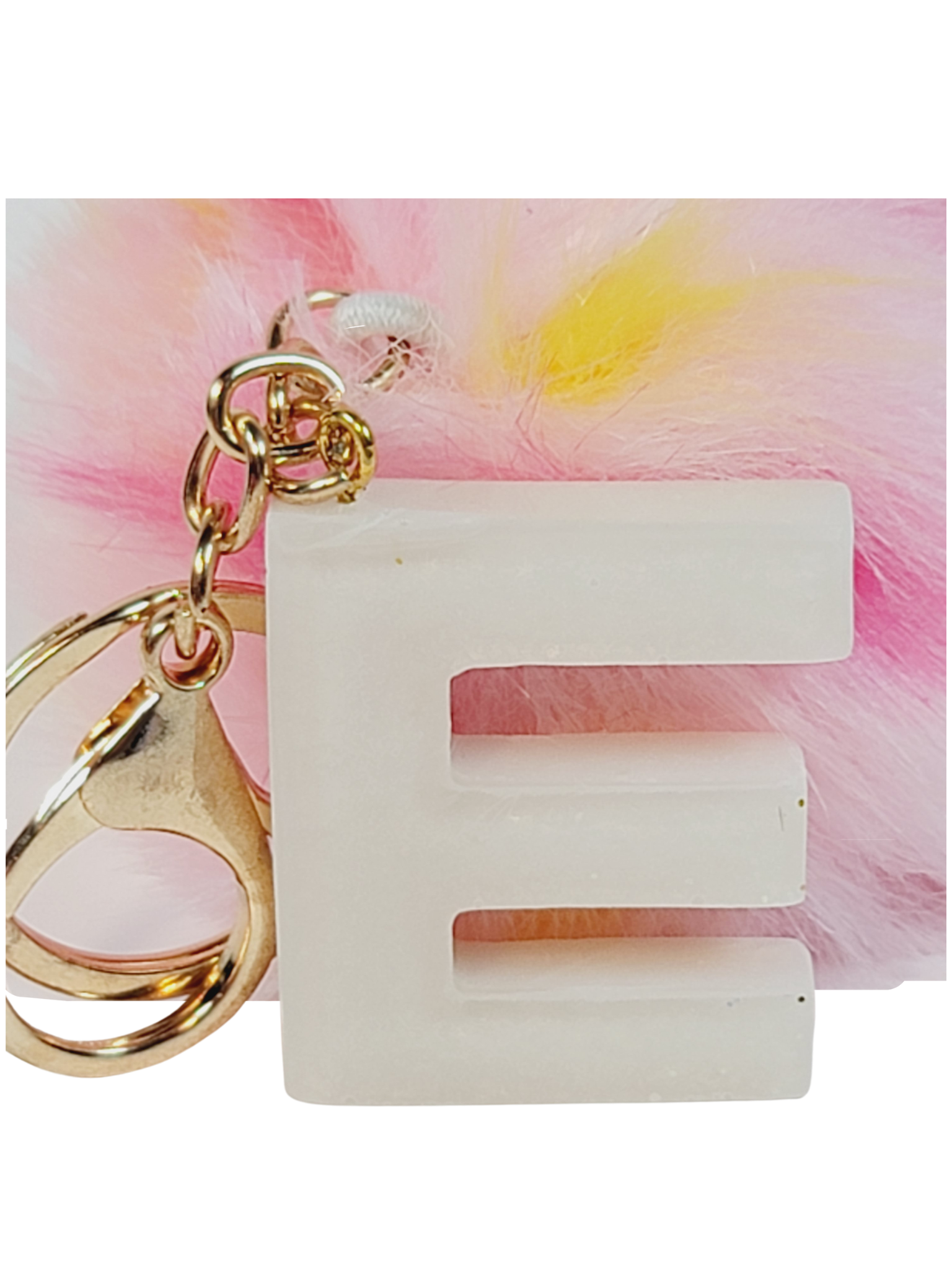 Resin Letter E Keychain - White with Multicolor pompom