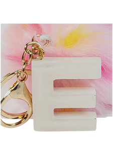 Resin Letter E Keychain - White with Multicolor pompom