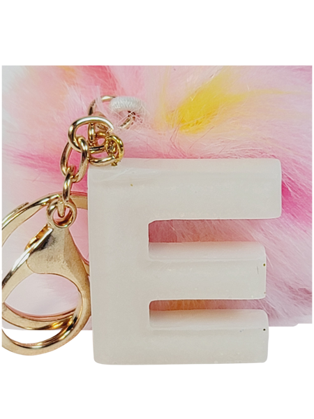 Resin Letter E Keychain - White with Multicolor pompom