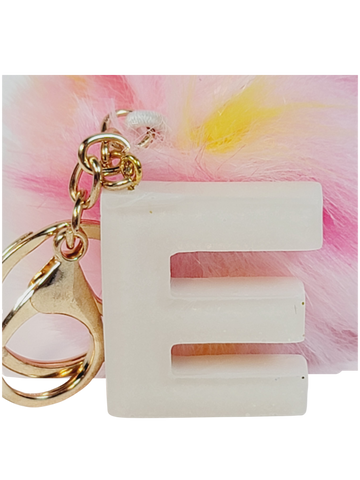 Resin Letter E Keychain - White with Multicolor pompom